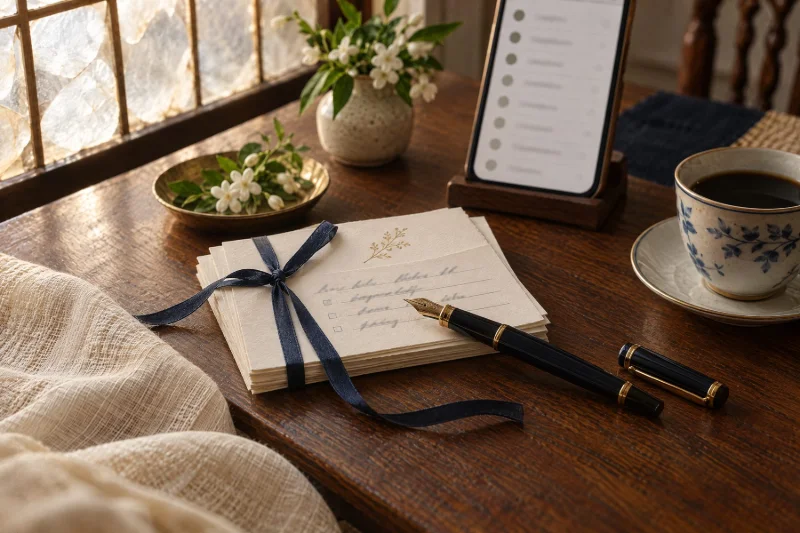 Handwritten reply cards tied with ribbon, a fountain pen, a phone with the reply list
