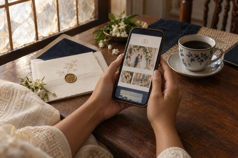 A bride’s hands holding a phone open to a wedding site, the printed invitation beside her coffee