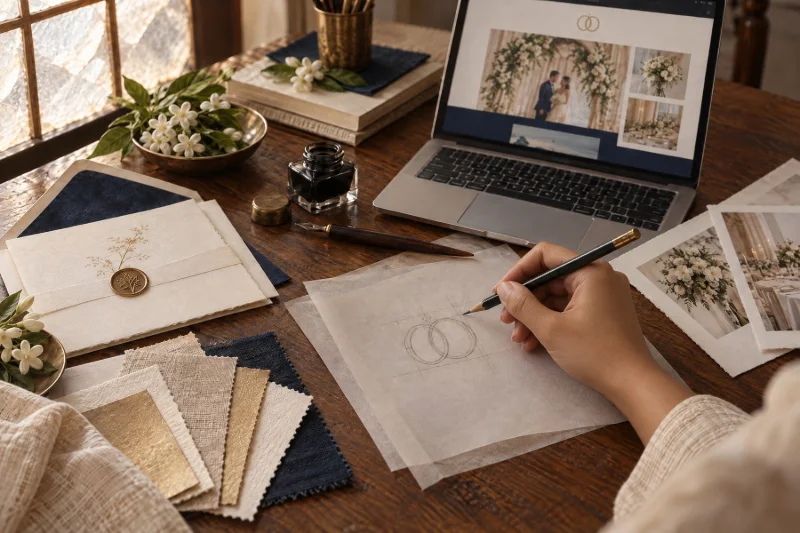 A designer’s desk: ink, nib pen, monogram sketches, paper swatches