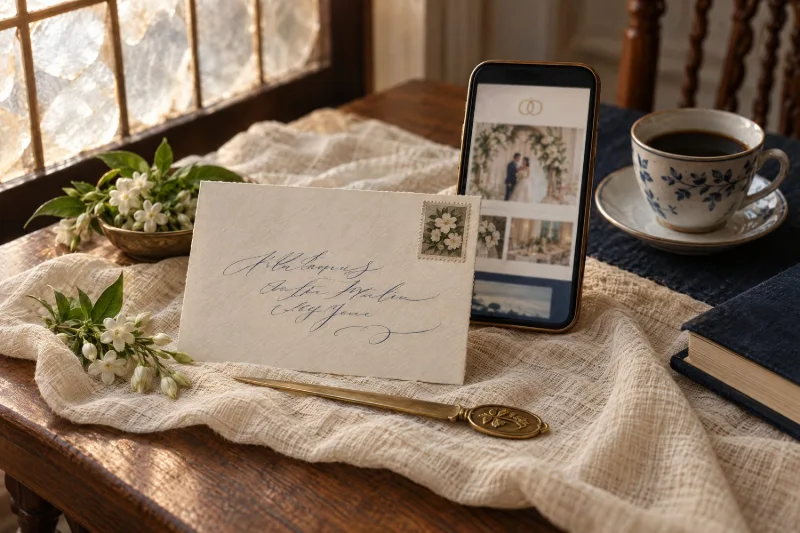 A calligraphed envelope with its stamp, propped against a phone