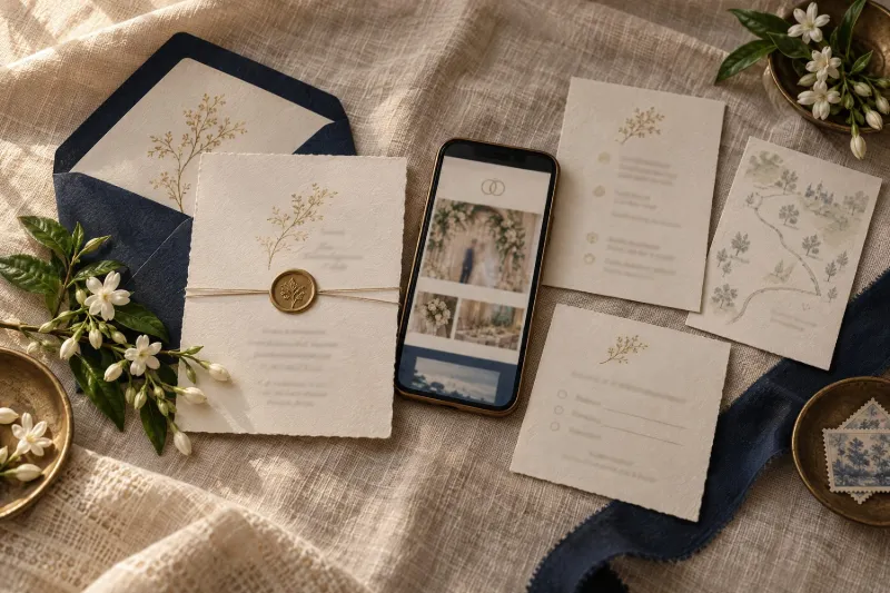 A full invitation suite laid out on linen, a phone among the cards