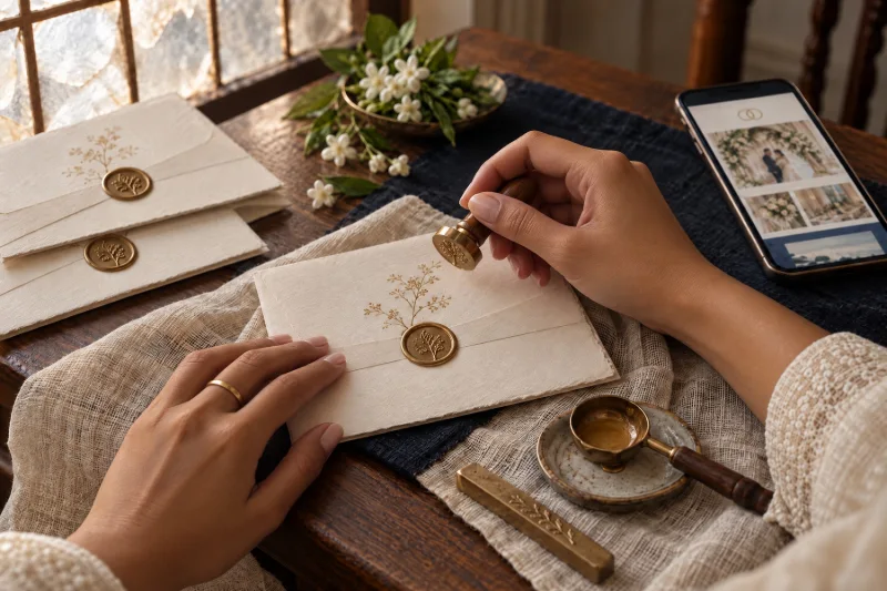 A save-the-date being sealed with gold wax, a phone beside it