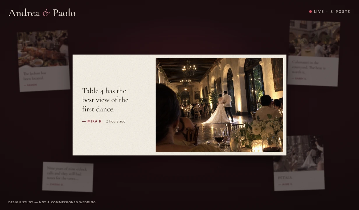 The live guest wall on the reception screen, showing photos and messages posted by guests
