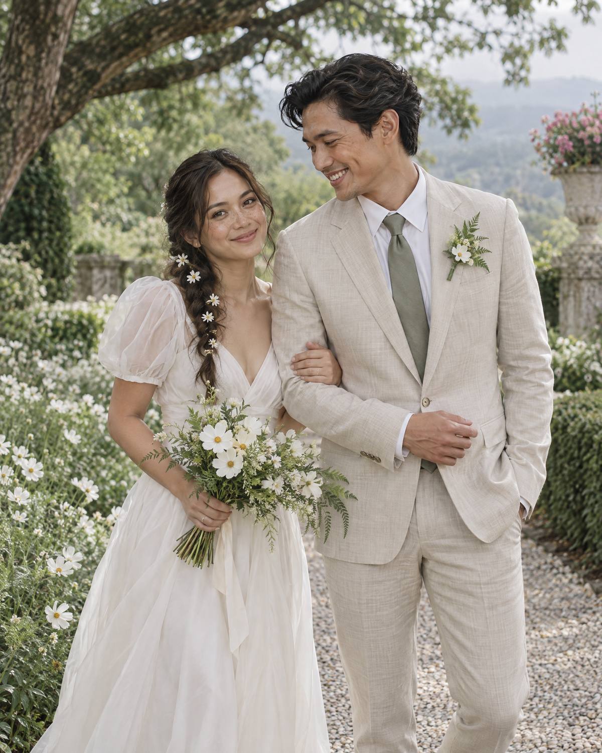 Bea and Enzo on a gravel path between deep borders of white cosmos, under the edge of an old tree; she smiles at the camera with a small bouquet, he laughs, looking at her.