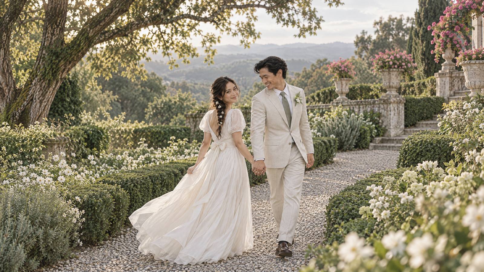 Bea and Enzo walking hand in hand along a curving gravel path between borders and clipped hedges, late in the afternoon, both laughing.