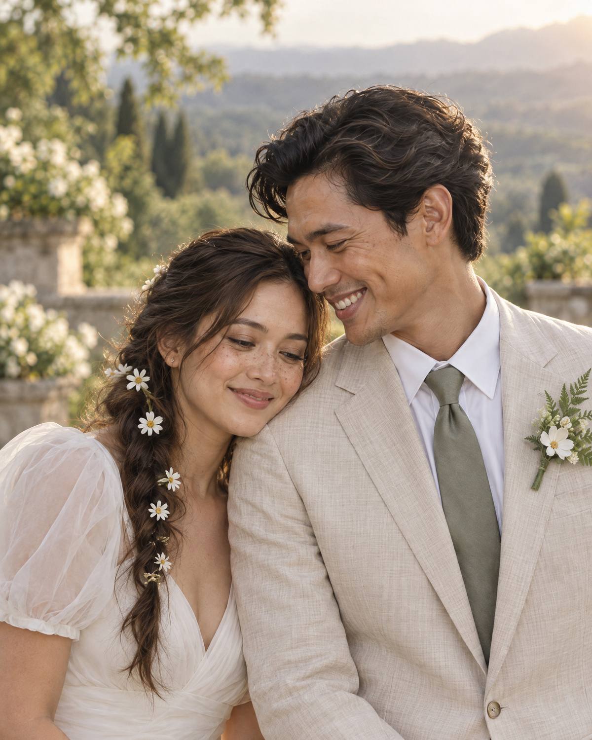 Bea and Enzo close together on a terrace at golden hour, her head on his shoulder, both smiling with their eyes half closed, a green valley soft in the haze behind.
