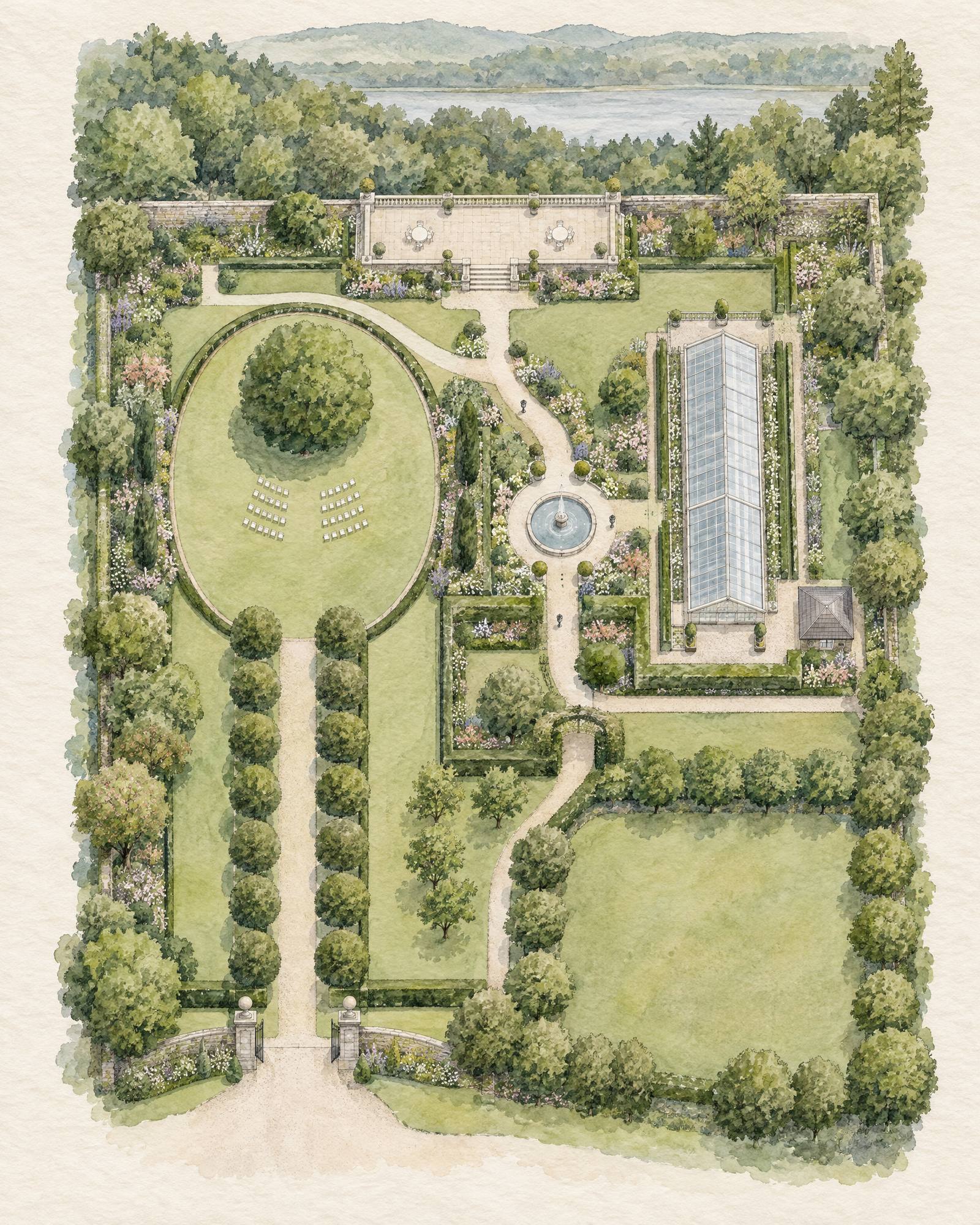 A painted plan of Hardin Amihan, an invented garden estate: the gate at the bottom, an avenue of trees up to an oval lawn with one great tree, a stone terrace along the top above a lake, a fountain where the paths meet, a long glasshouse on the right, and a parking field below it.