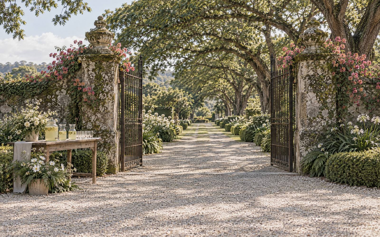 Two old stone piers draped in faded rose bougainvillea and an open iron gate; on the gravel forecourt, a wooden table with glass jugs of pale calamansi juice, and an avenue of trees beyond.