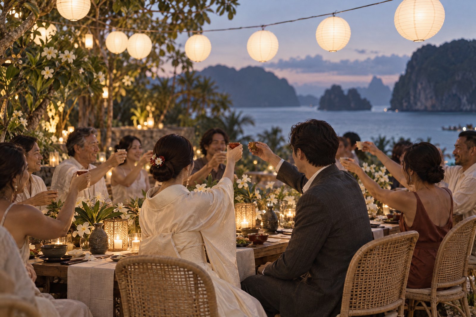 Guests at the long table under the paper lanterns raising their cups mid-kanpai at blue hour, Hana and Kenji among them, the islands beyond.