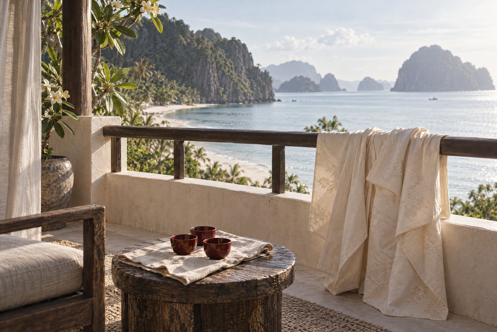 The morning after on a resort balcony: an ivory silk gown hung from the rail, three red lacquer cups drying on a cloth, the beach empty below.