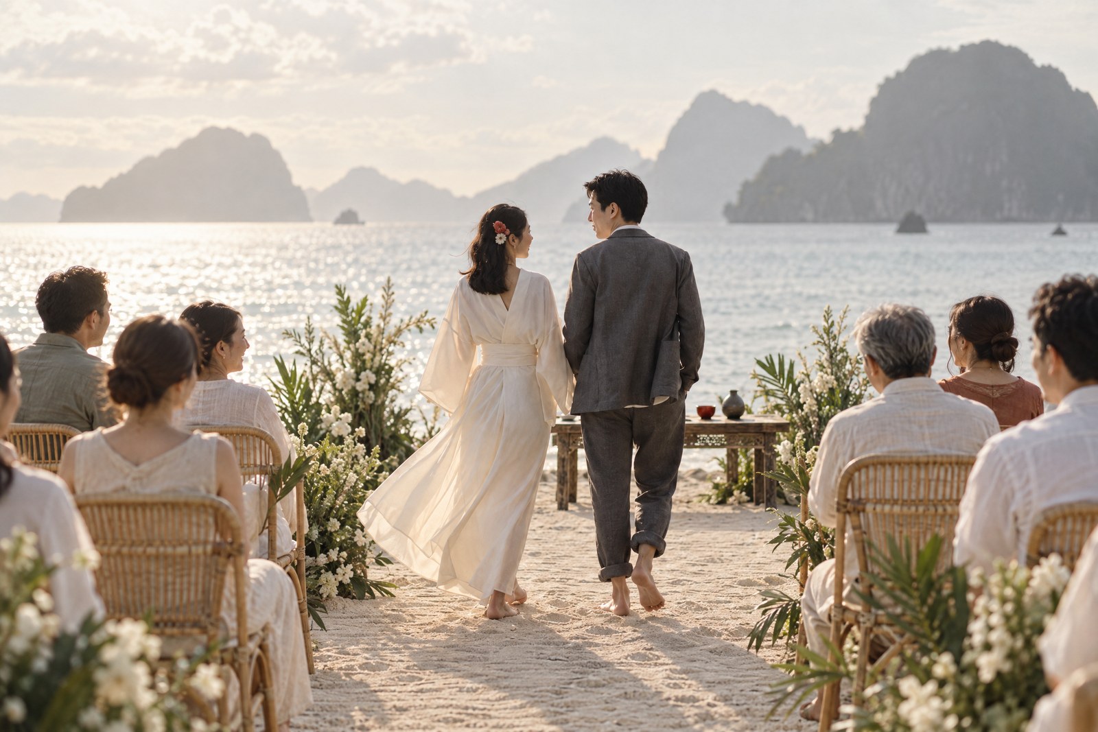 Hana and Kenji walking barefoot down the sand aisle together between the rattan chairs, seen from behind, the sea and the islands bright beyond.