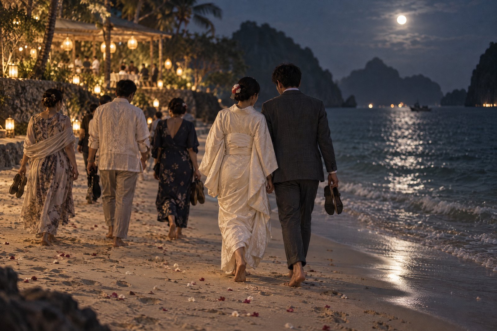 Hana and Kenji walking the moonlit tideline with the last guests, shoes in hand, the lit terrace behind them.