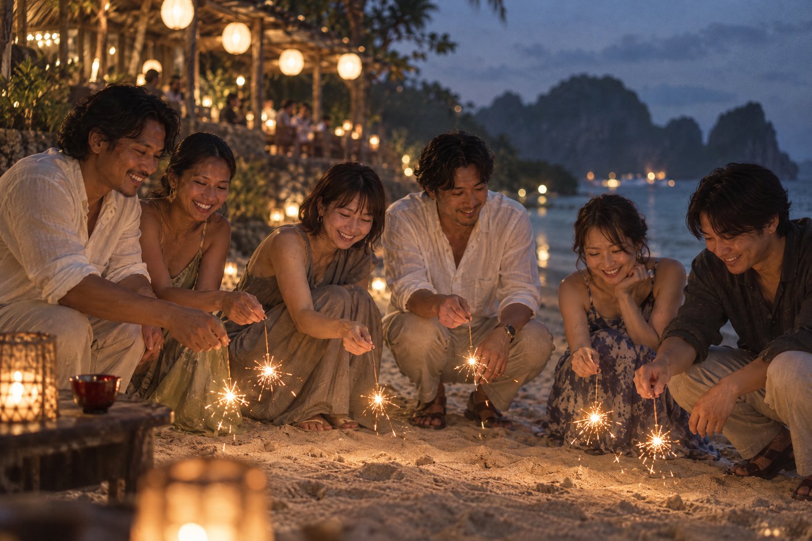 Guests crouched on the dark sand holding small Japanese sparklers, each a trembling point of light.