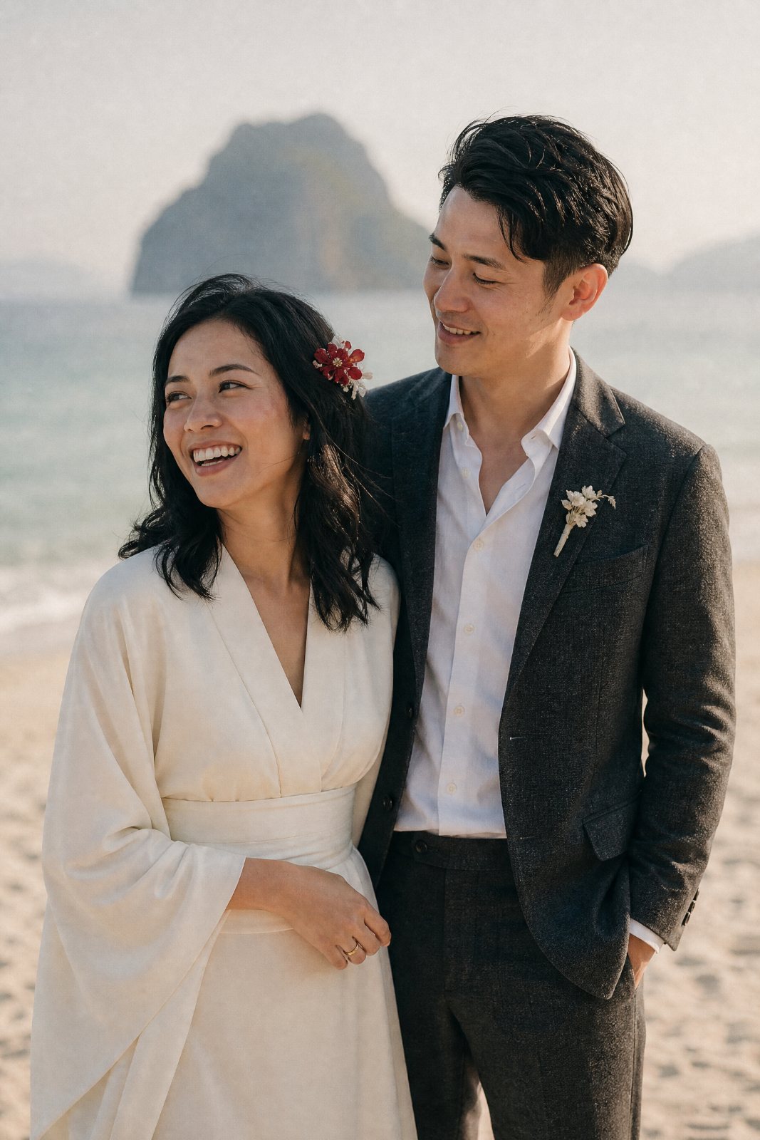 Hana and Kenji standing close on the sand just after the ceremony, both laughing.