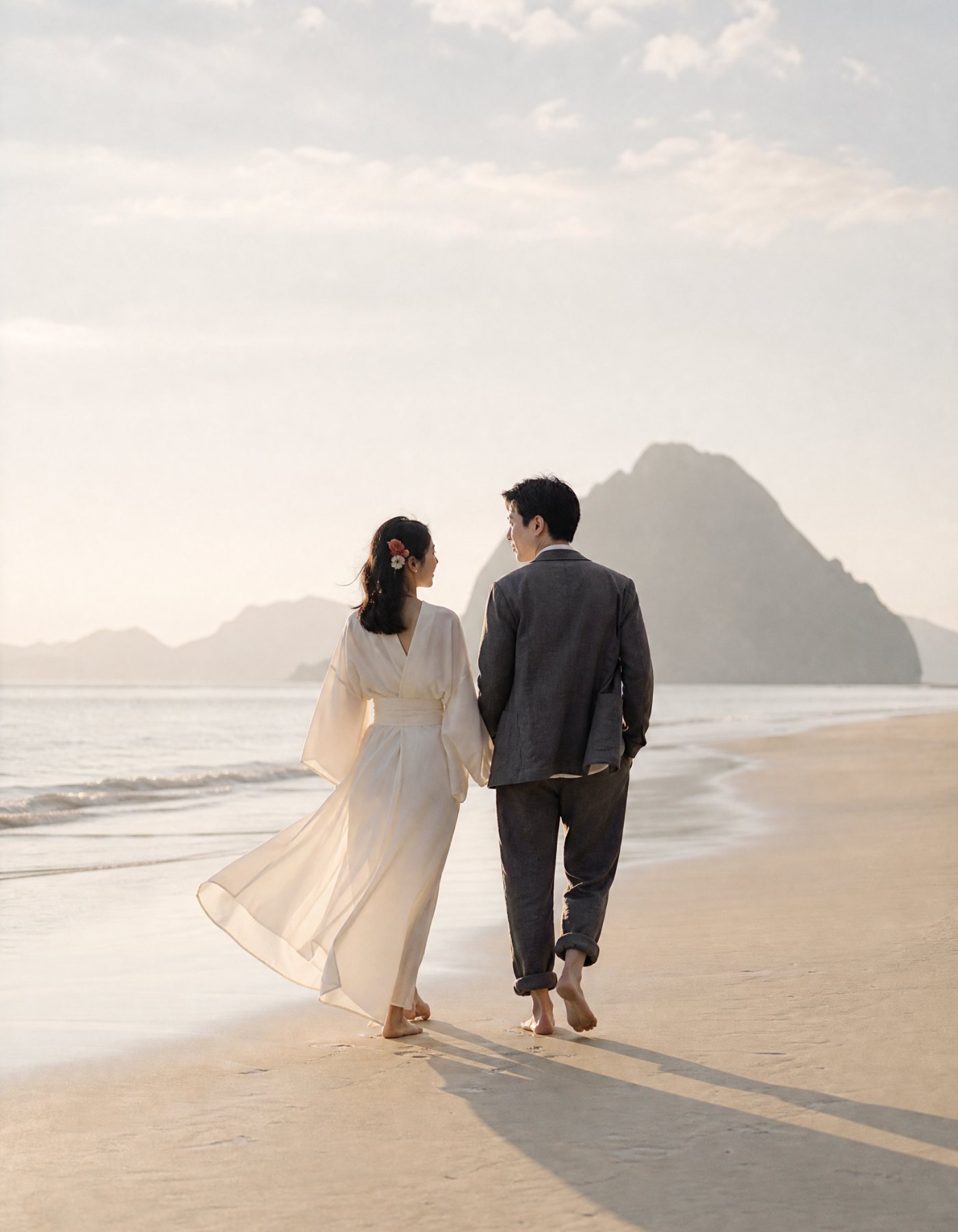 A couple walking barefoot along the tideline at sunset, karst islands behind them in the haze.