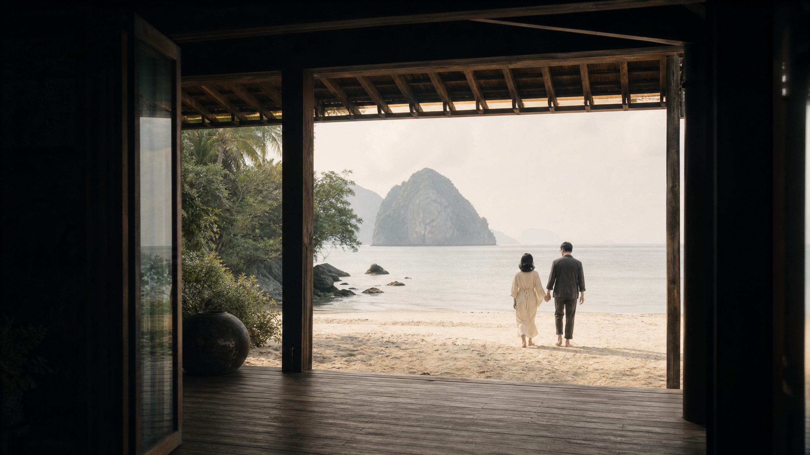 Hana and Kenji on the sand beyond an open pavilion doorway at Casa Marikit, late afternoon.