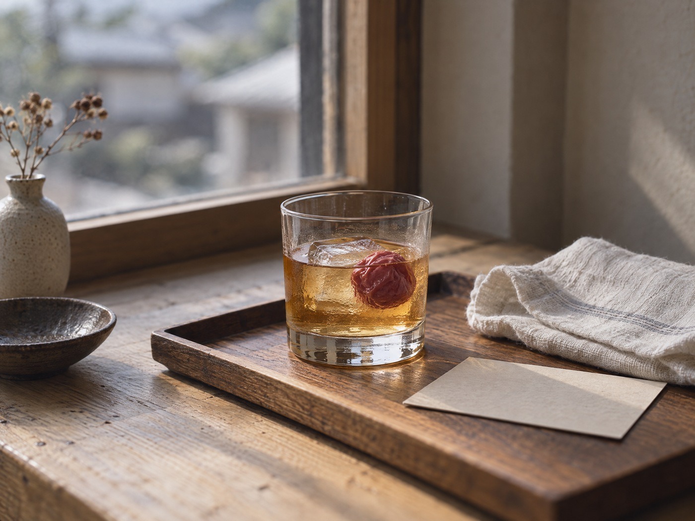A short glass of amber umeshu over one large ice cube with a single red plum in it, on a wooden tray beside a folded linen cloth and a recipe card turned face down.