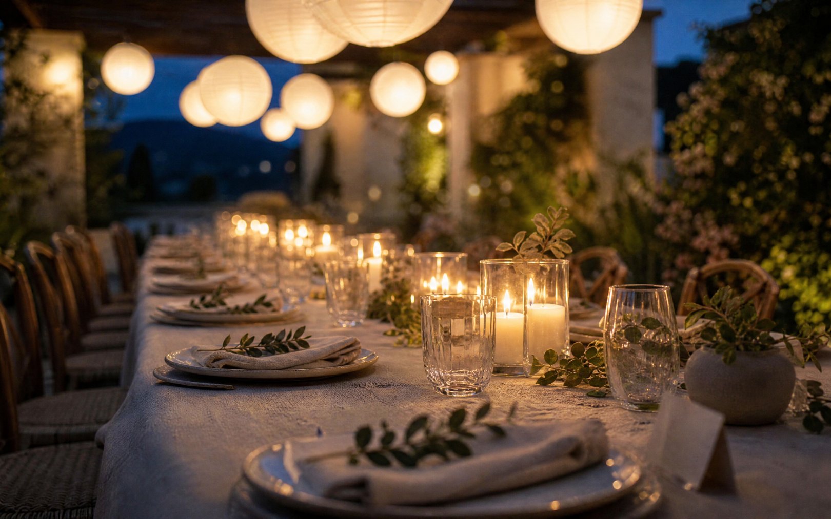 The table set under the lanterns before dinner.