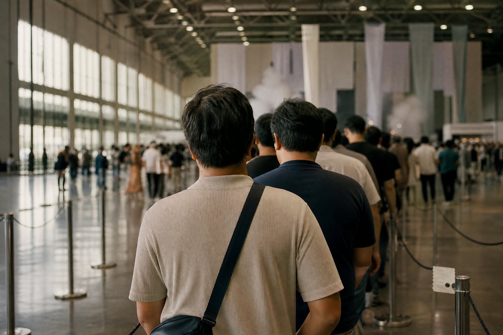 The hall where Hana and Kenji first queued.