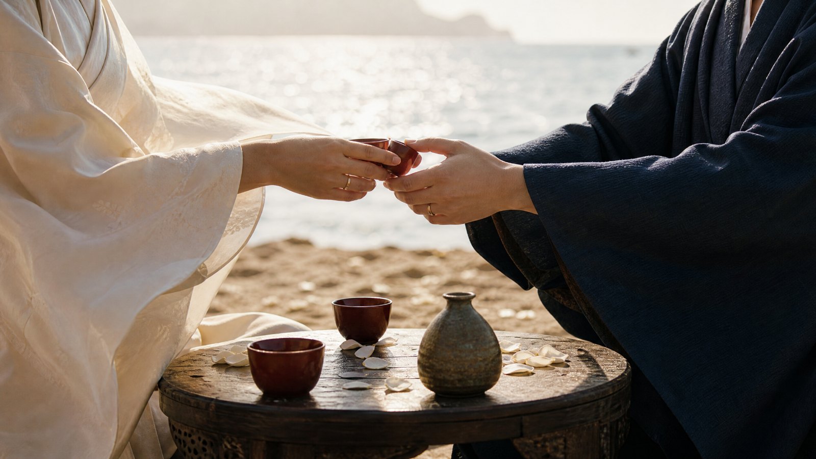 Hana and Kenji passing a lacquer cup between them over a low table on the sand.