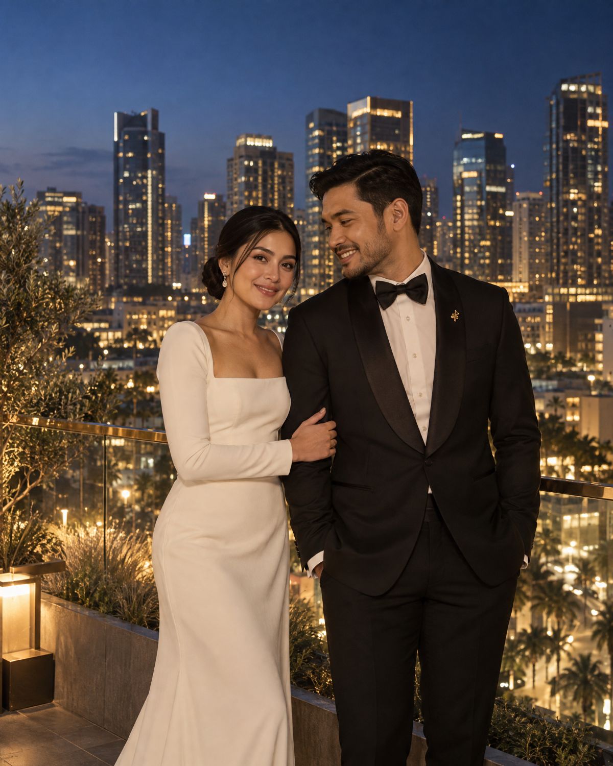 Nadine and Rafael at blue hour at the glass rail of a rooftop, the towers behind them coming on gold.