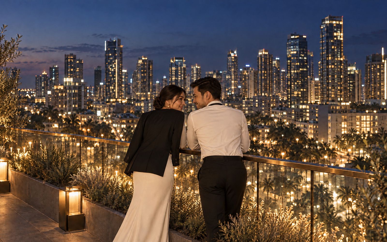 Nadine and Rafael at the edge of the roof at night, leaning on the brass rail, looking out over the lit city.