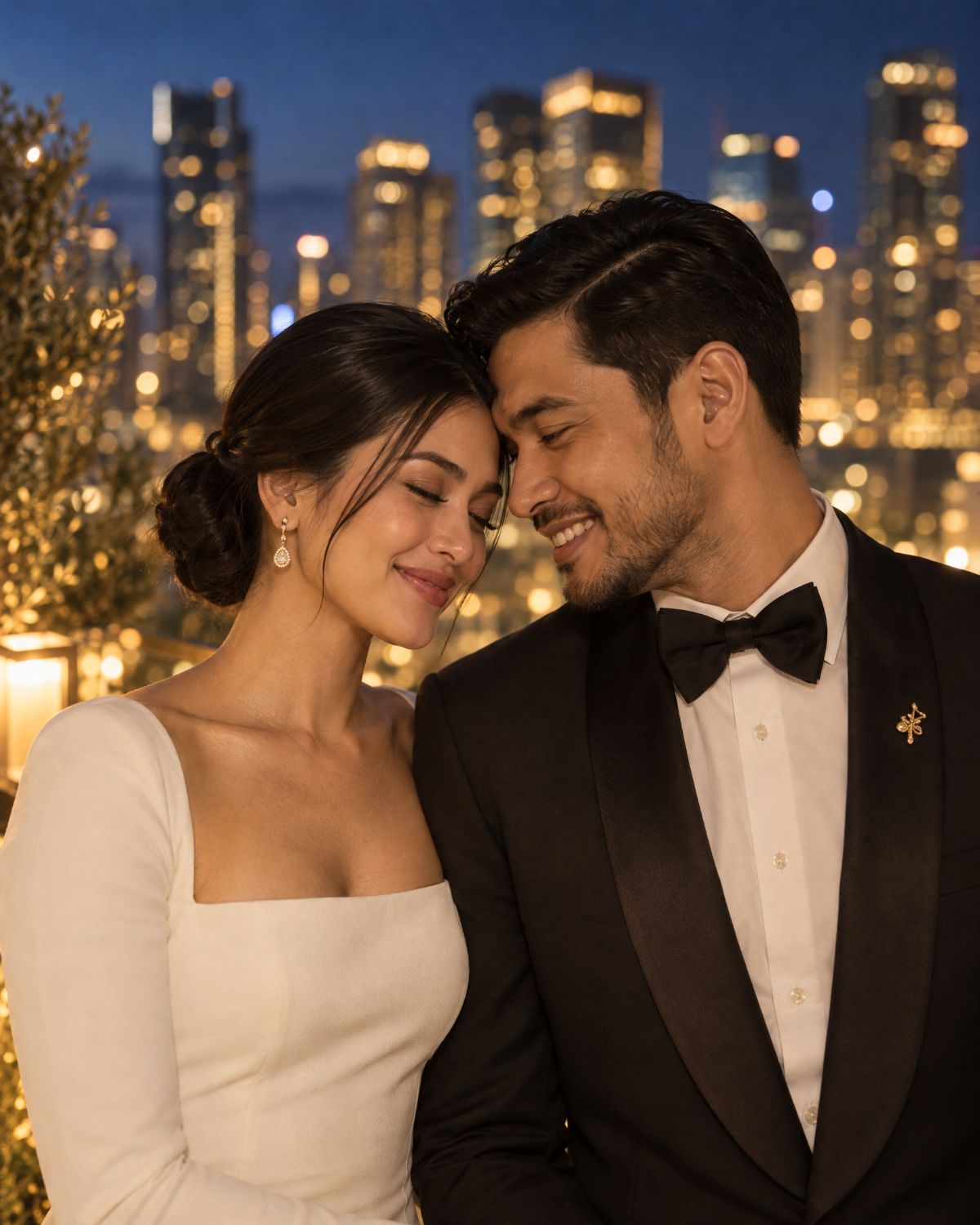 Nadine and Rafael close together, foreheads almost touching, smiling in warm lamplight, the city behind them in gold.
