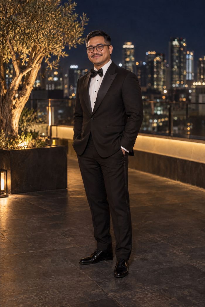 A man in glasses, in a black tuxedo with a satin lapel and a black bow tie, on the roof at night.