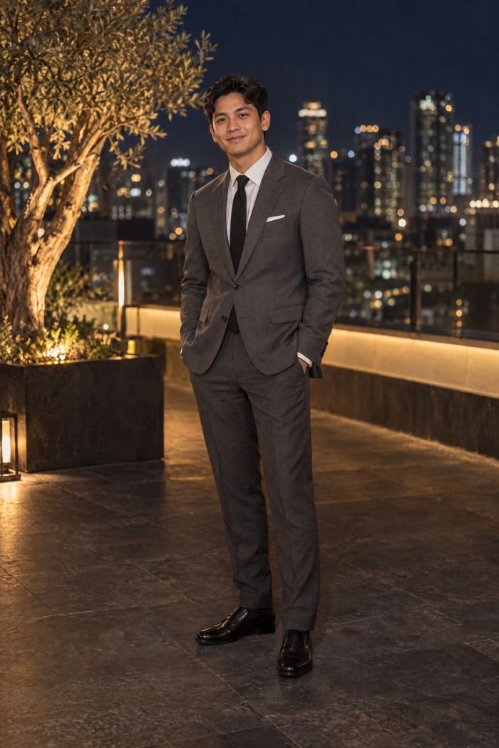 A young man in a charcoal suit, white shirt and black knit tie.