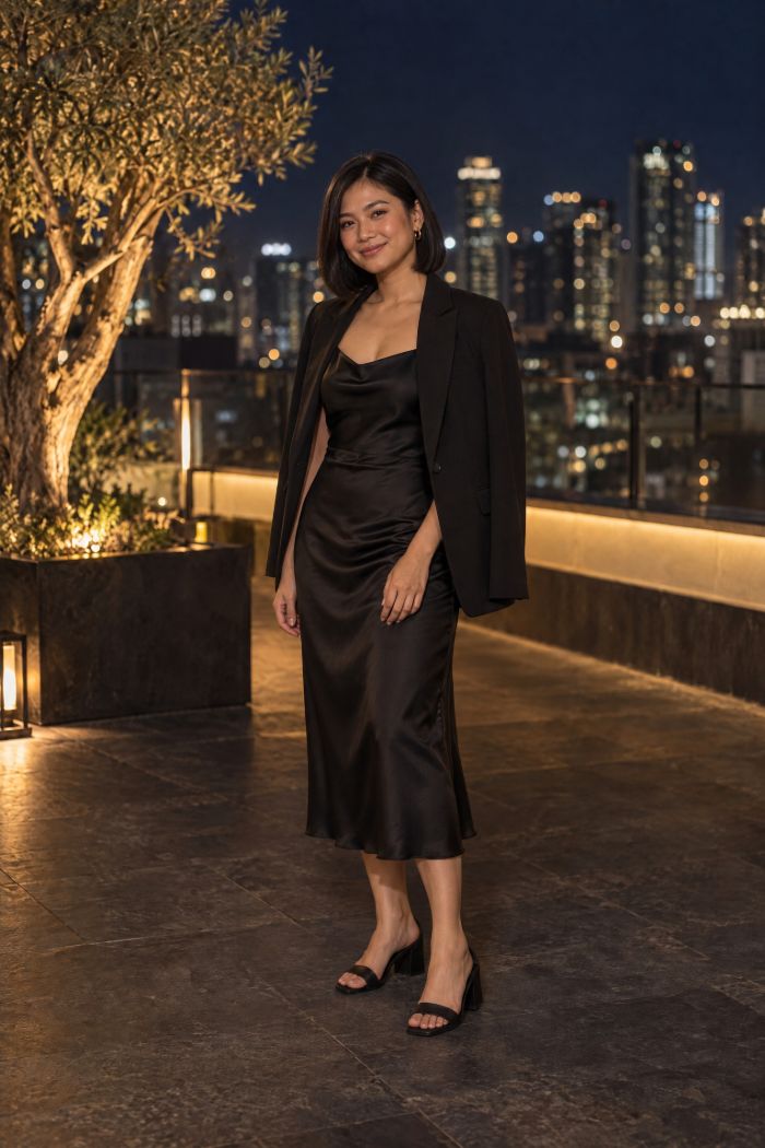 A young woman with a sleek bob in a black satin midi dress, a black blazer over her shoulders.