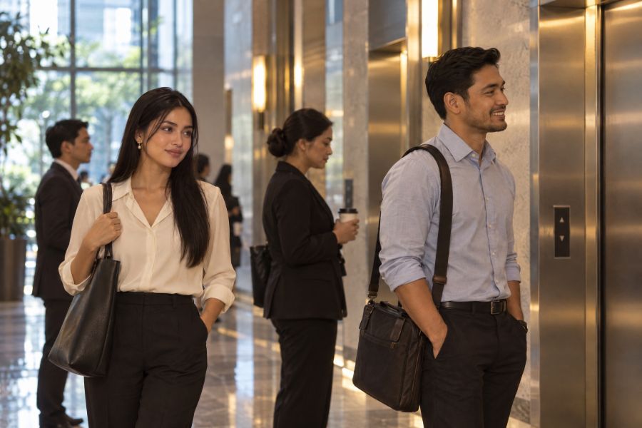 A busy office lobby in the morning: a man and a woman in work clothes wait for the same lift, a few people apart, not looking at each other.