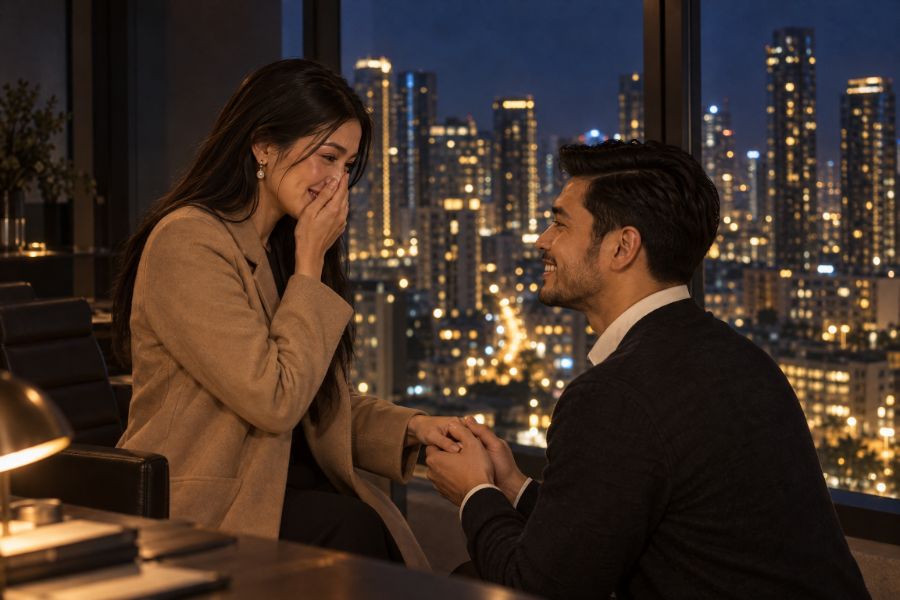 Rafael and Nadine at a tall office window at night, the lit city below, her hand at her mouth as he asks.