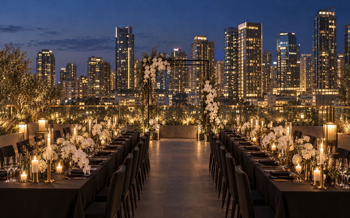 The roof at blue hour, set for dinner: long tables in black linen, brass candleholders and white flowers, an arch of white orchids against the skyline.
