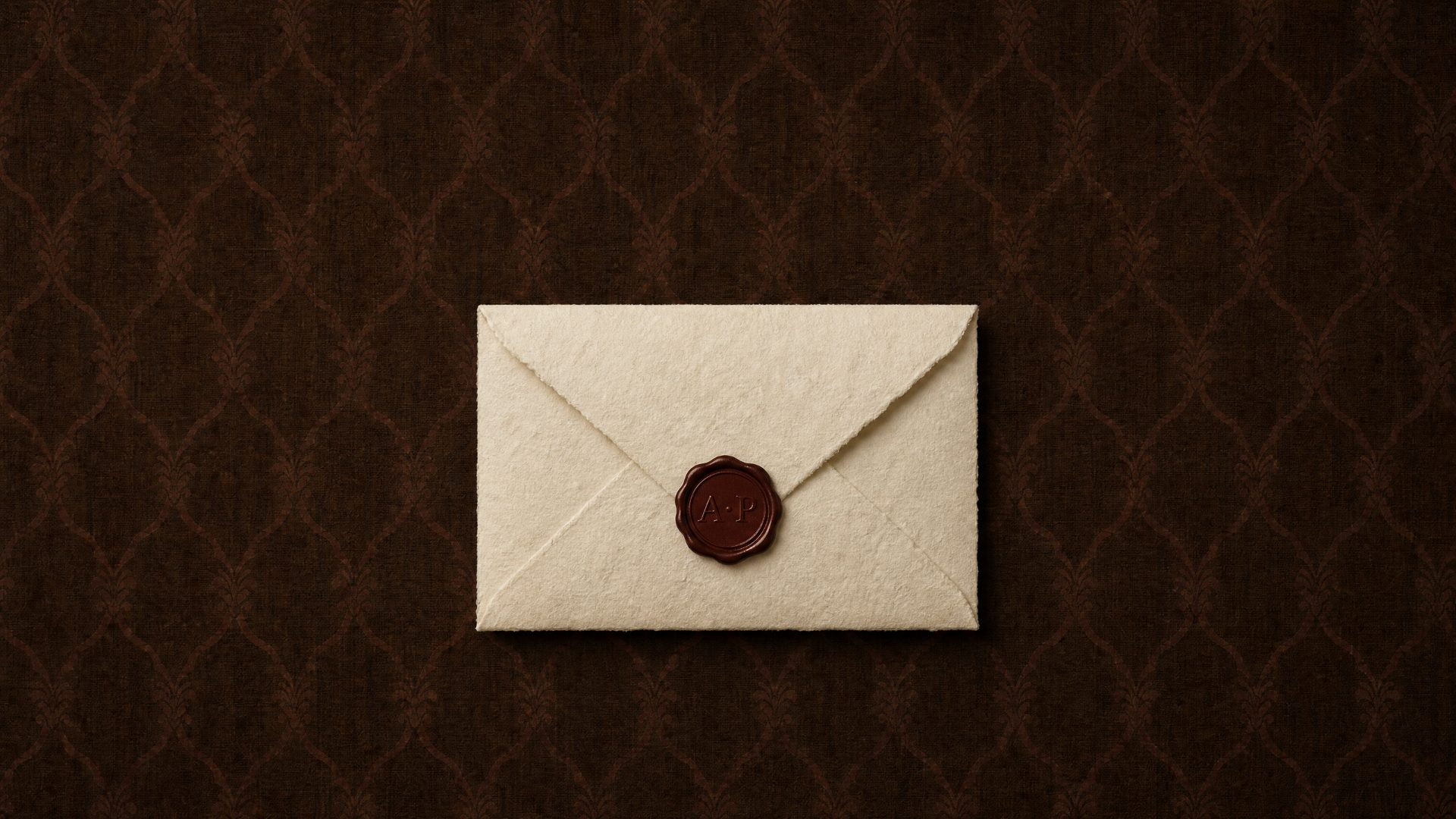 A cream envelope sealed with burgundy wax, resting flat against a dark damask wall.