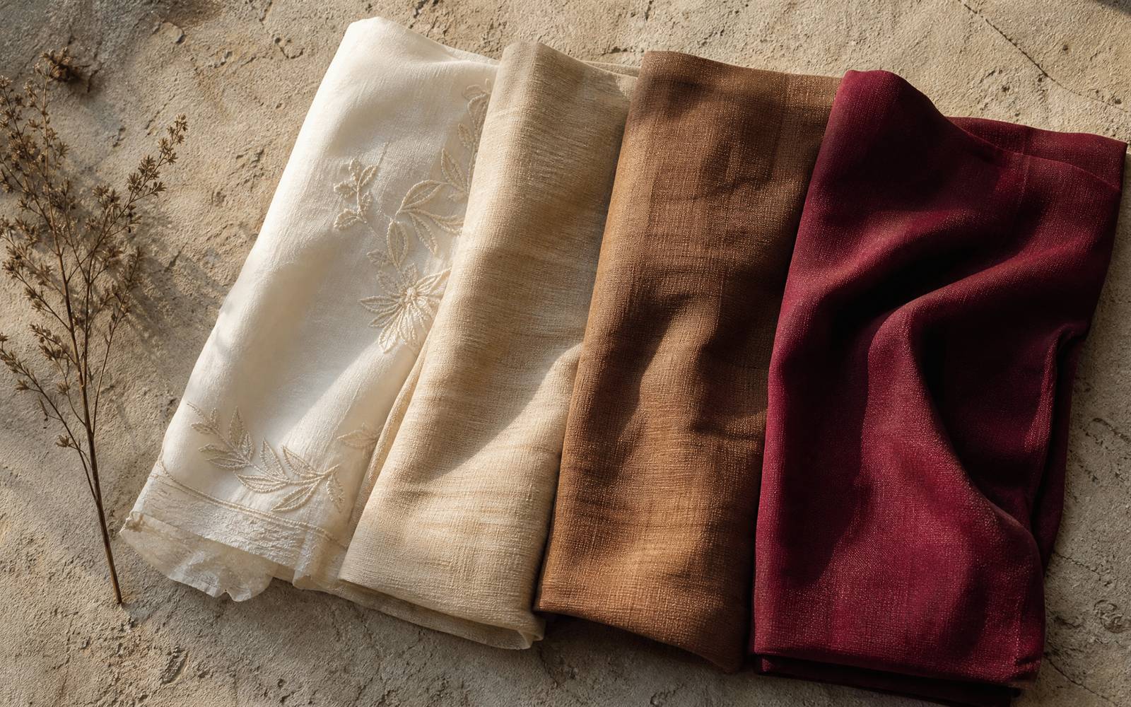 Four folded fabric lengths laid on pale stone: embroidered ivory pi&ntilde;a, sand raw silk, clay linen and deep burgundy silk, with a sprig of dried foliage beside them.