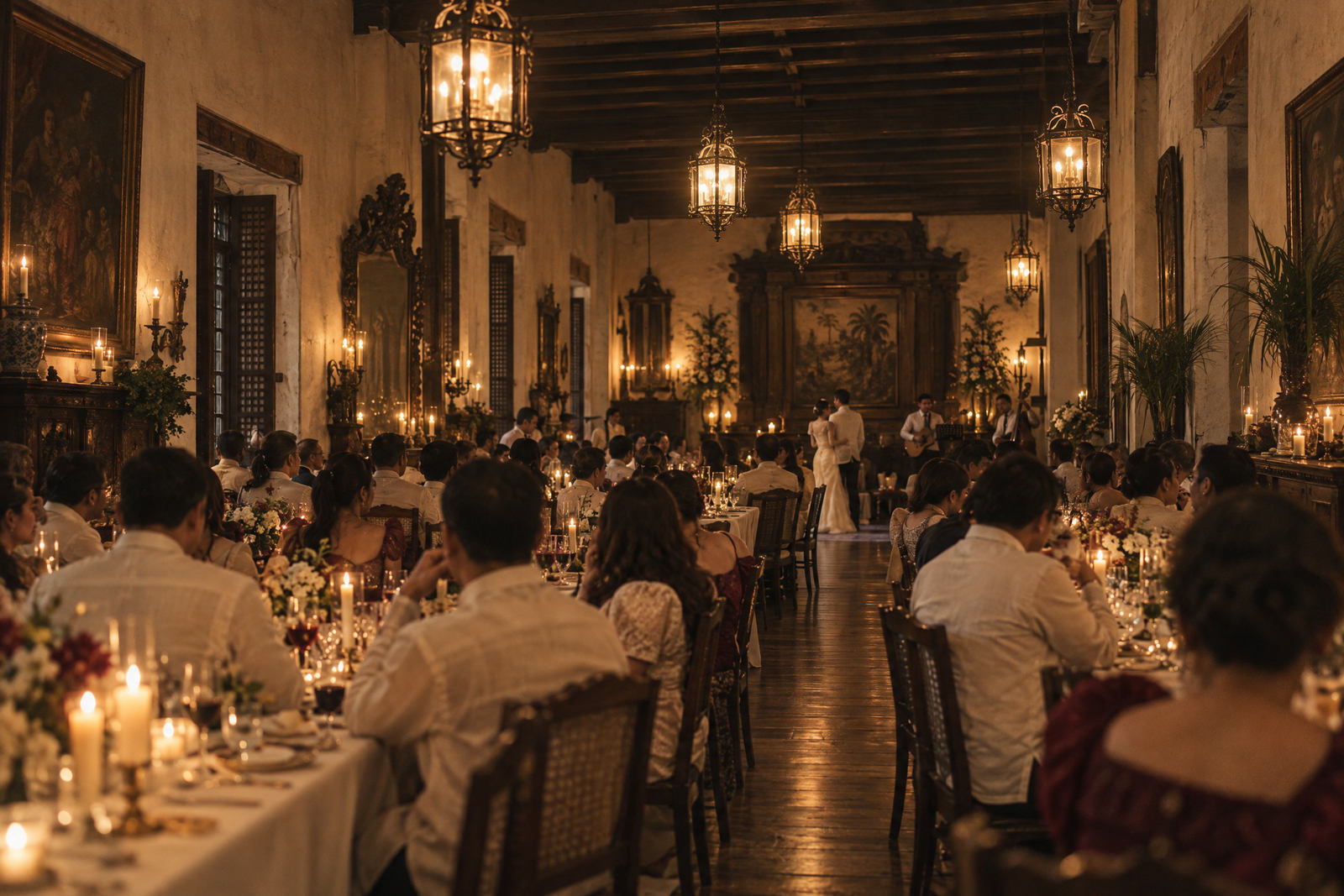 The dinner room at Casa Marfil full, long tables of guests under hanging lanterns and candles, seen from the head of the room.
