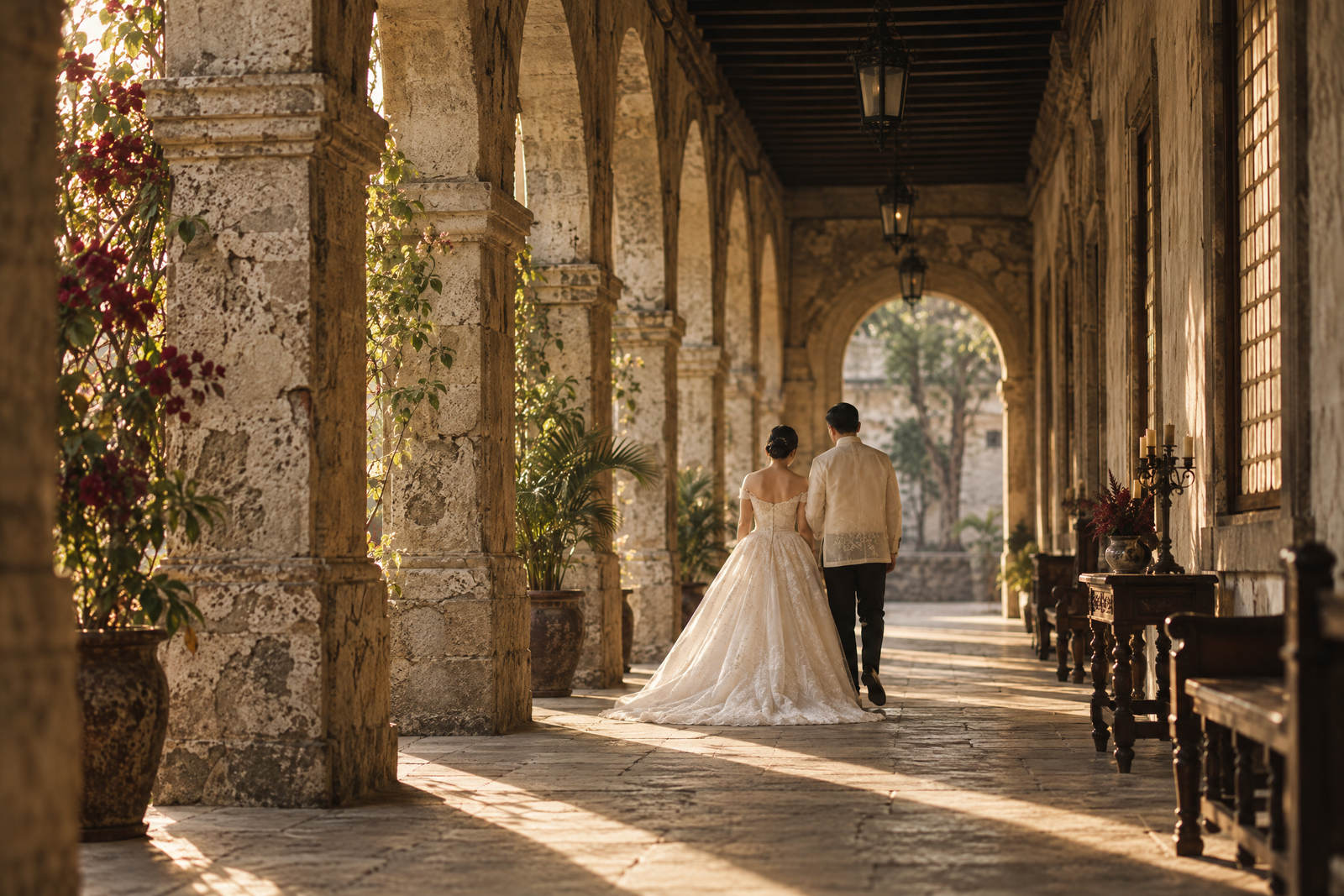Andrea and Paolo far down the east cloister, alone, seen from behind in the late light.