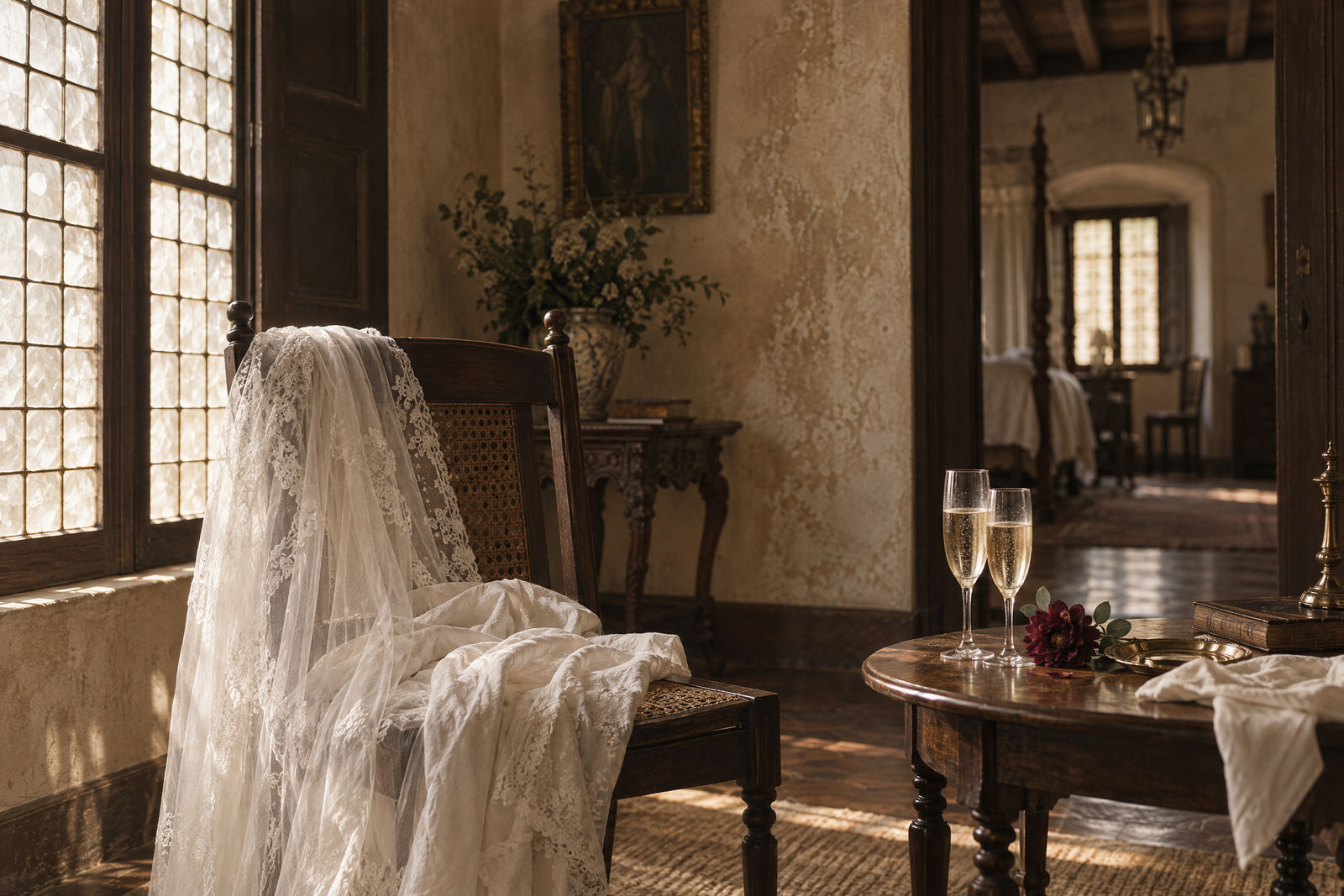 The morning after: the lace veil draped over a carved chair by a tall window, two glasses of champagne and a red rose on the table beside it.