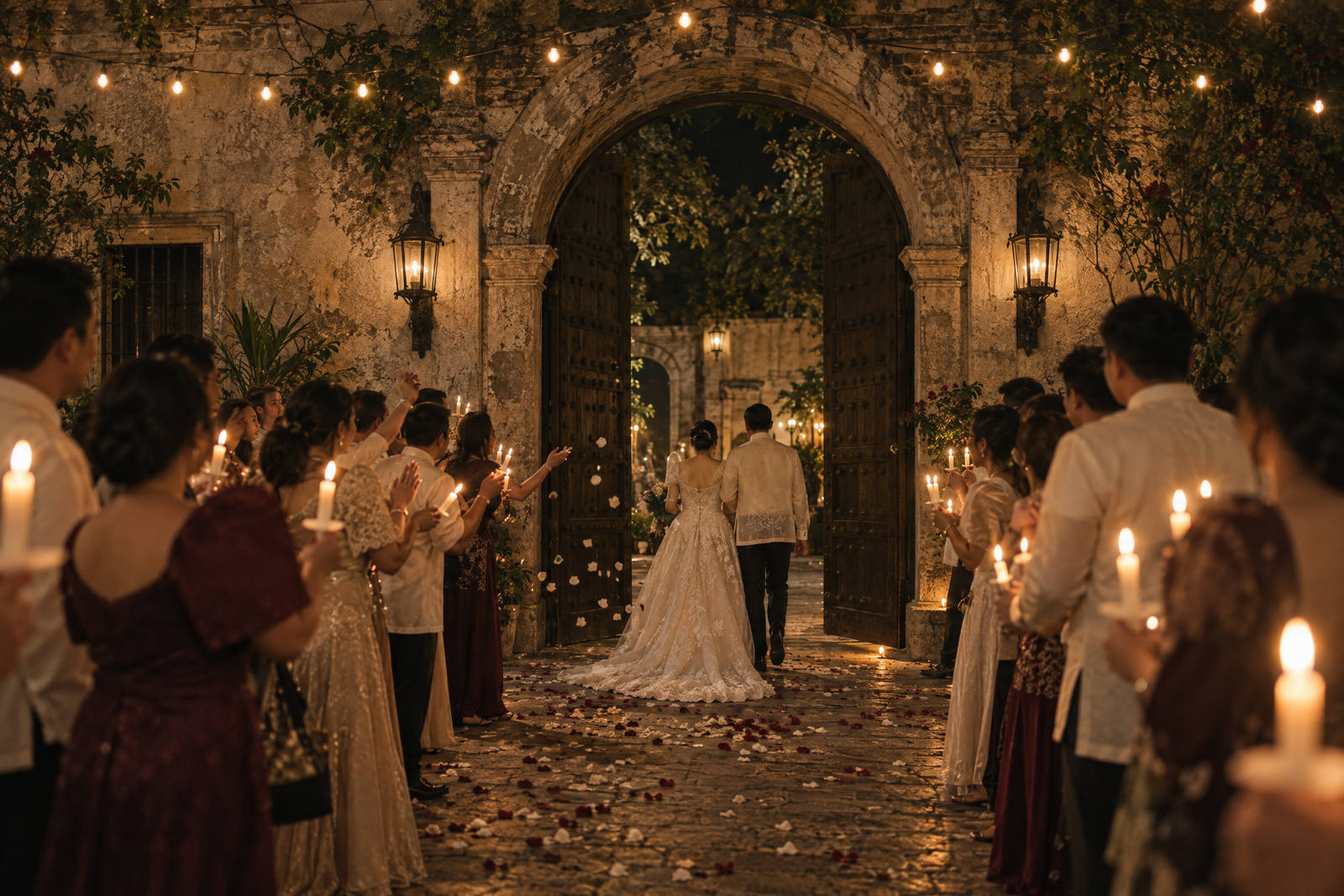 Guests holding candles on both sides of the courtyard gate at night as the couple walks out between them over scattered petals, seen from behind.