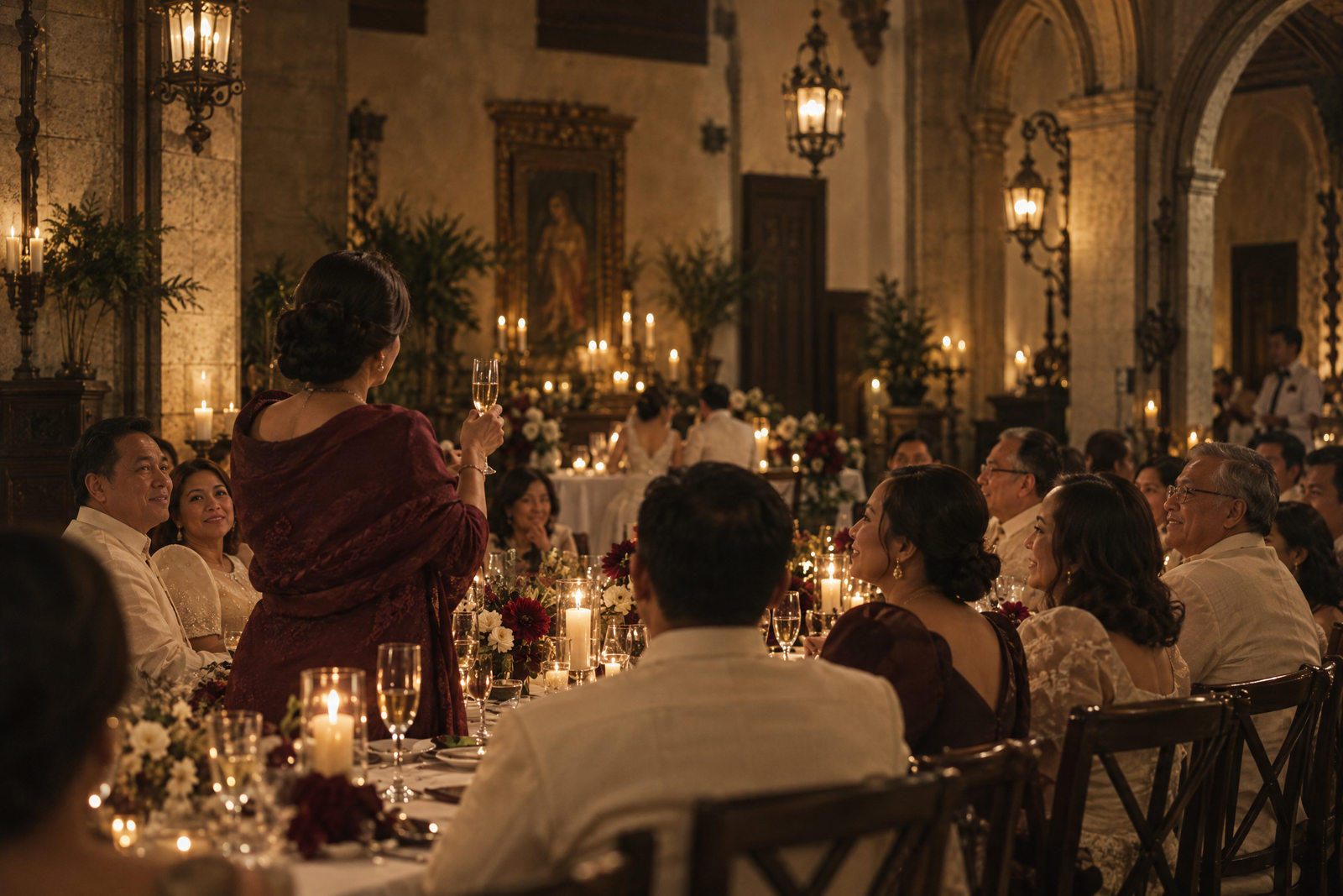 A guest in a burgundy terno standing to raise a glass mid-toast at the long table, the guests around her laughing.