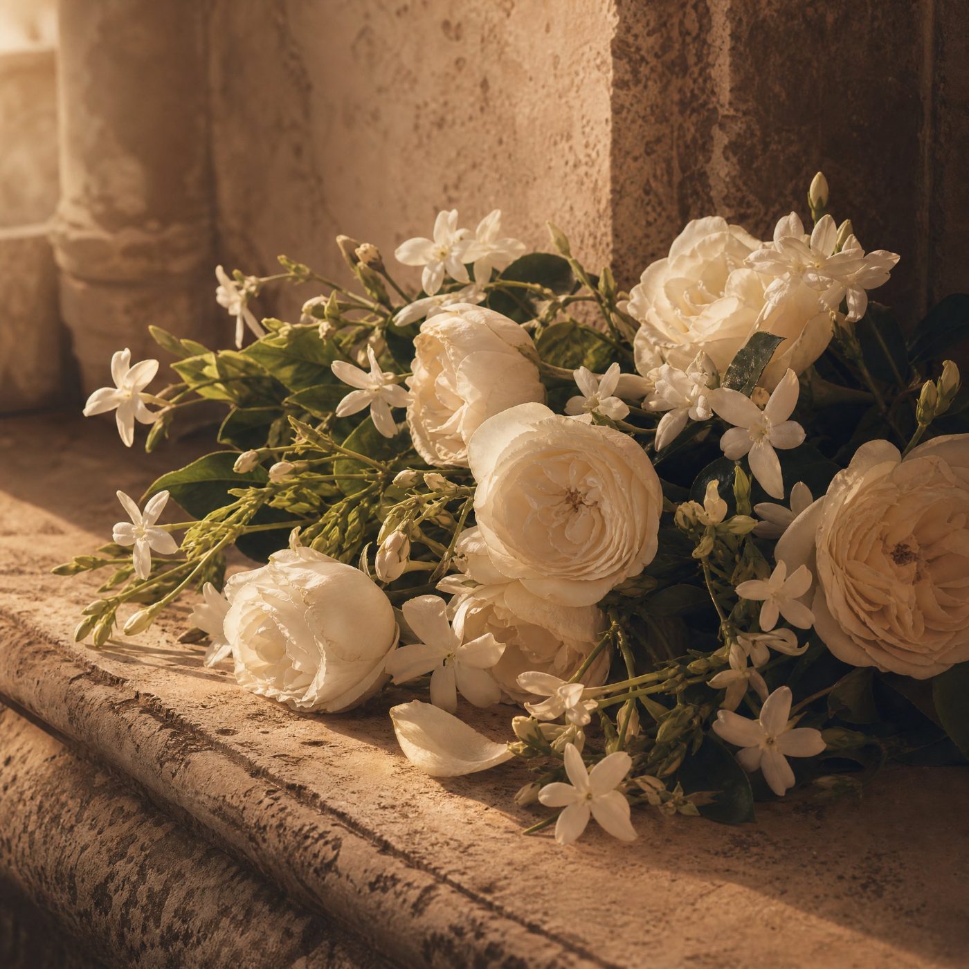 Sampaguita and dried palm laid on stone, cut close.
