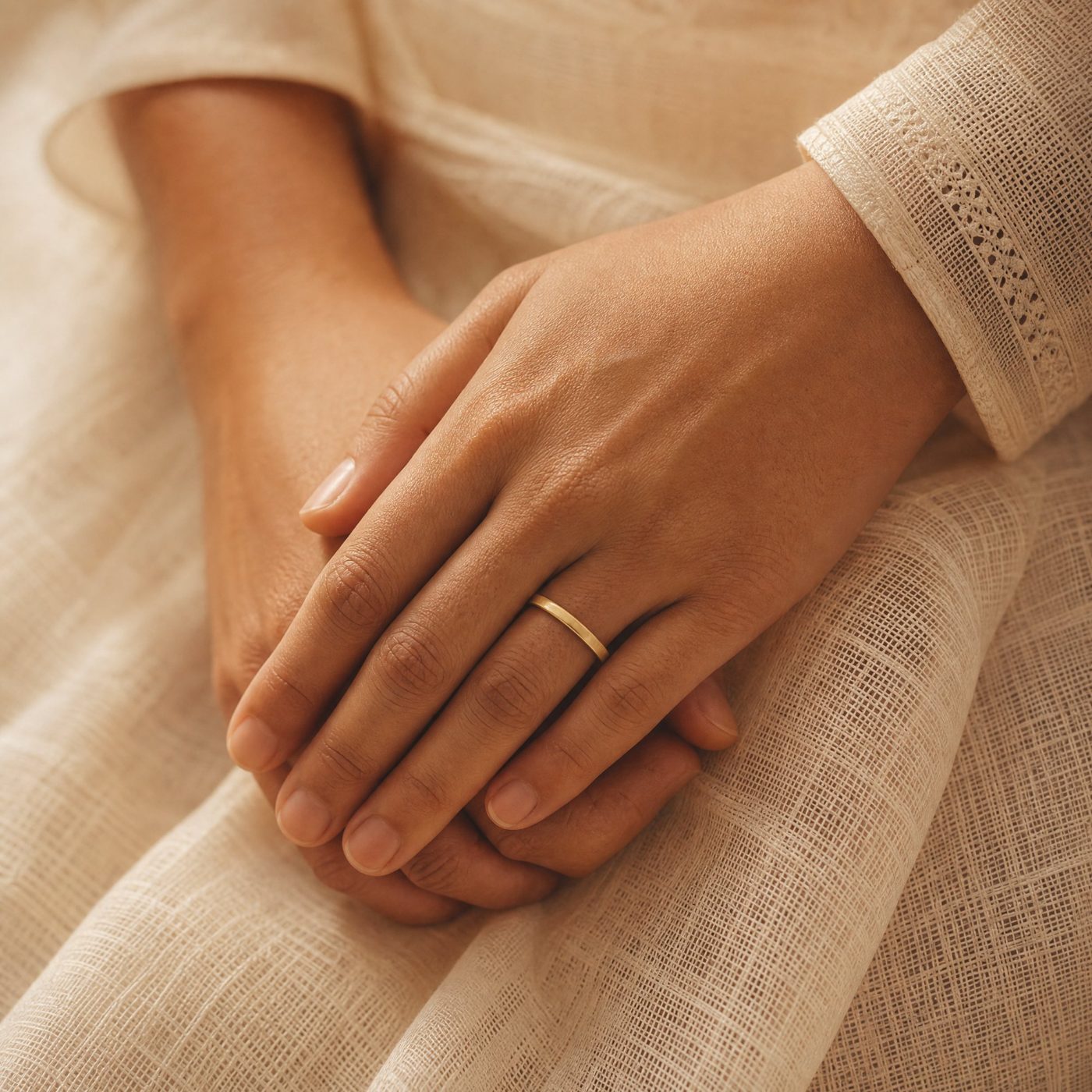 Two hands resting one over the other on loosely woven ivory cloth, one wearing a plain gold band.