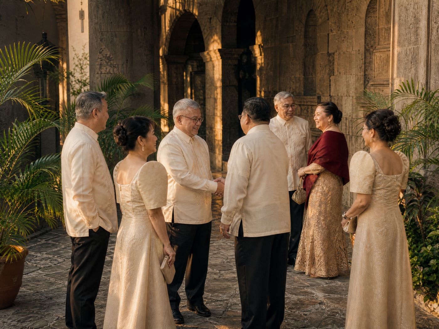 Older wedding guests in formal Filipiniana greeting each other in clusters in a stone courtyard, in late-afternoon light.