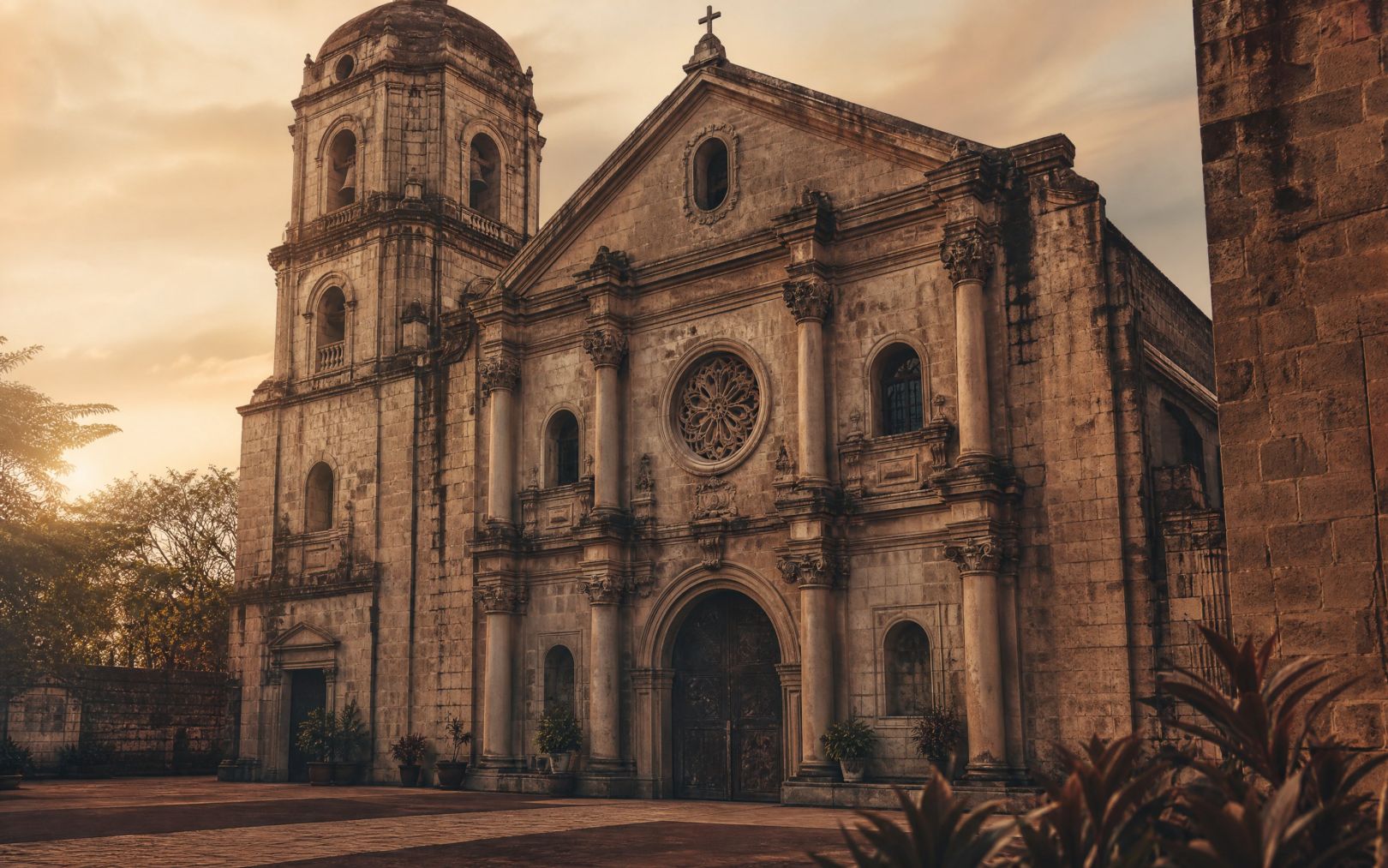 The parish front at the end of the afternoon, the belfry and the carved doorway in low sun.