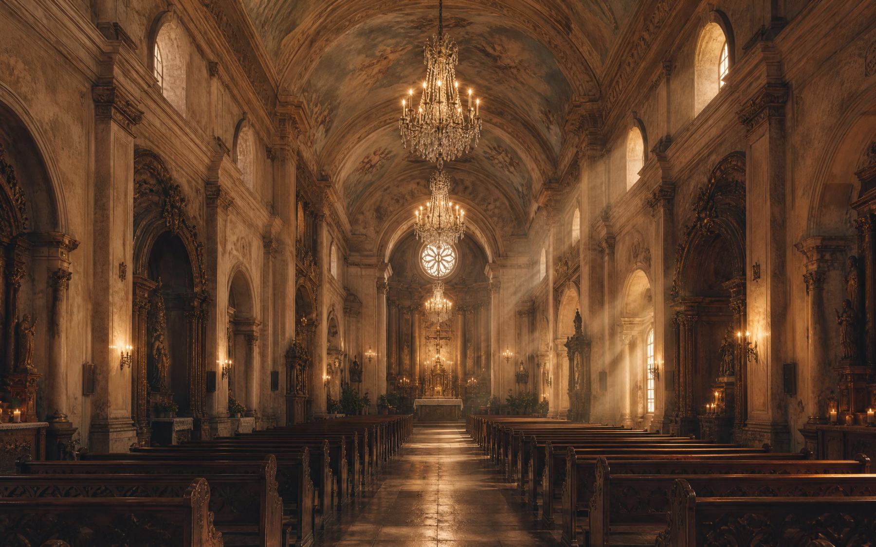 The nave of San Agustin from the back, empty pews either side of a stone aisle, chandeliers lit and afternoon light falling across the floor.