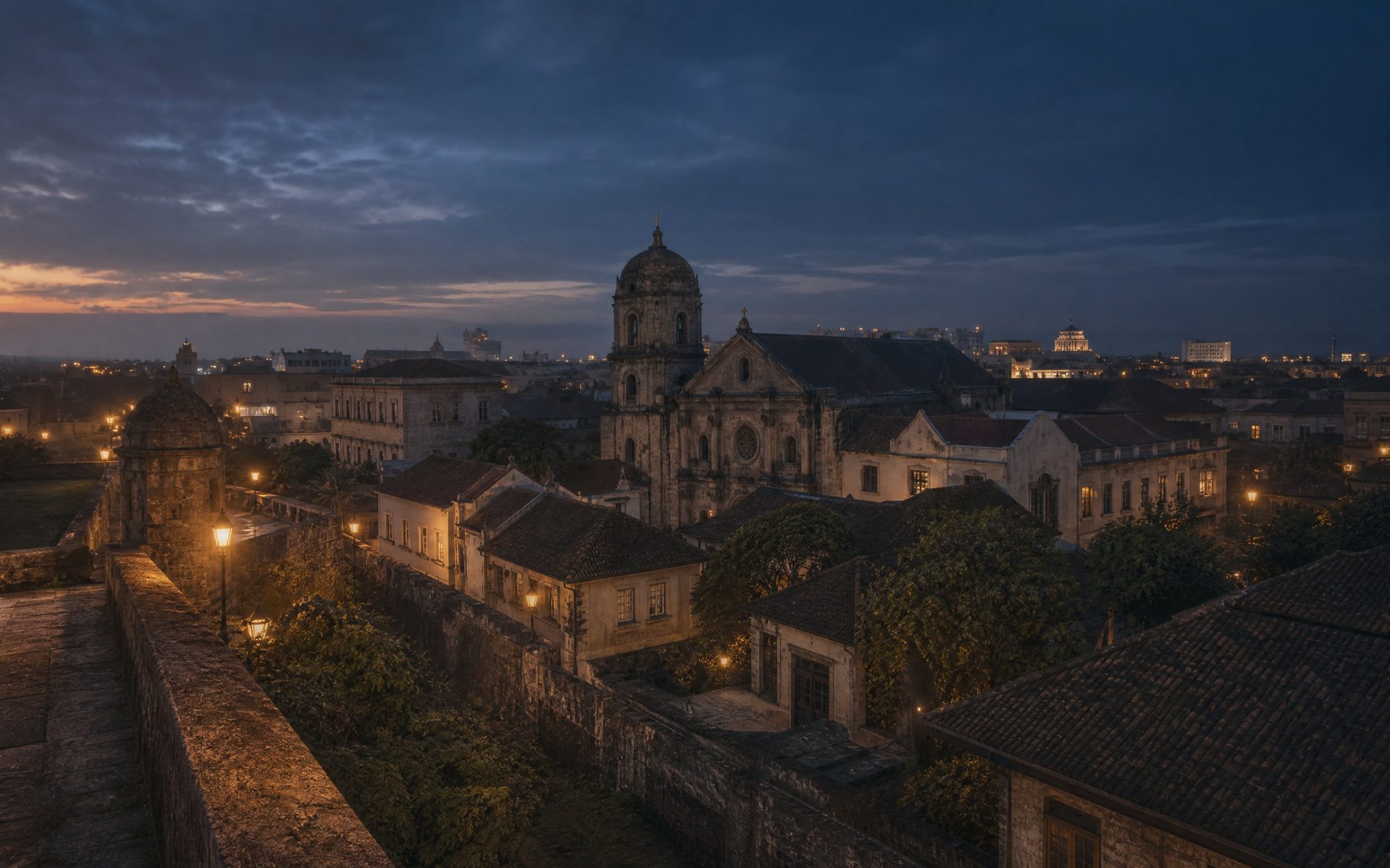 Intramuros from the walls at blue hour, the parish dome and belfry lit among tiled roofs and street lamps.