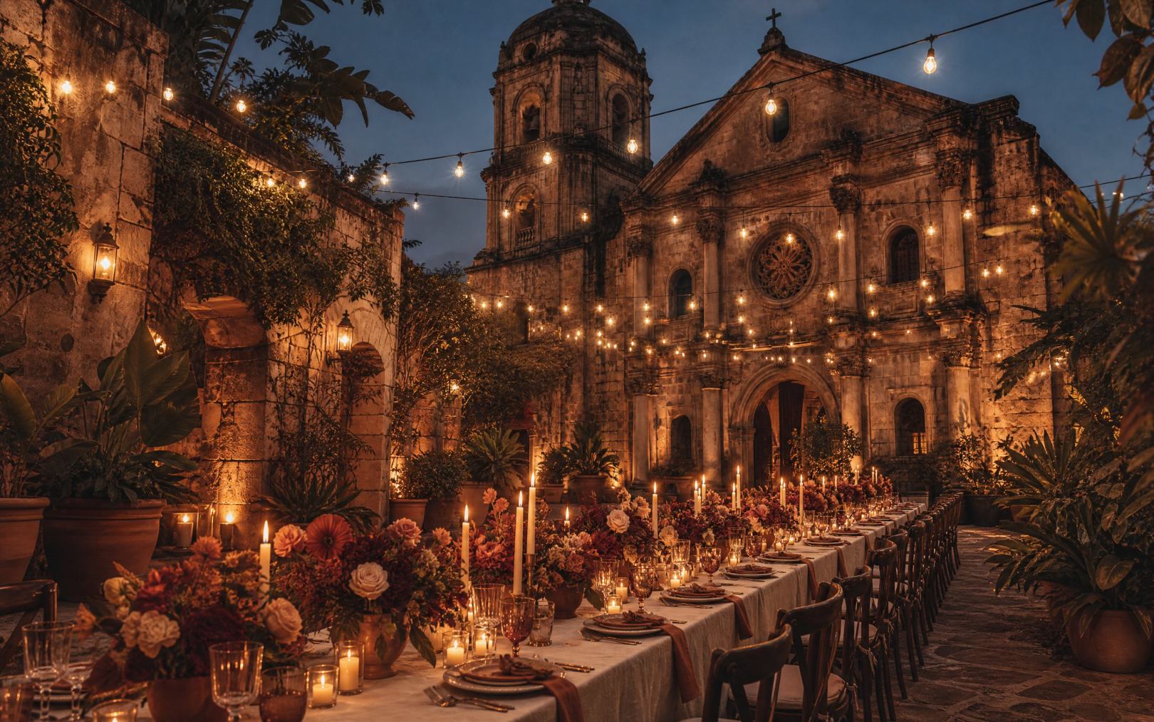 One long candlelit table set for dinner in a courtyard at dusk, festoon lights strung above it and the lit parish fa&ccedil;ade behind.