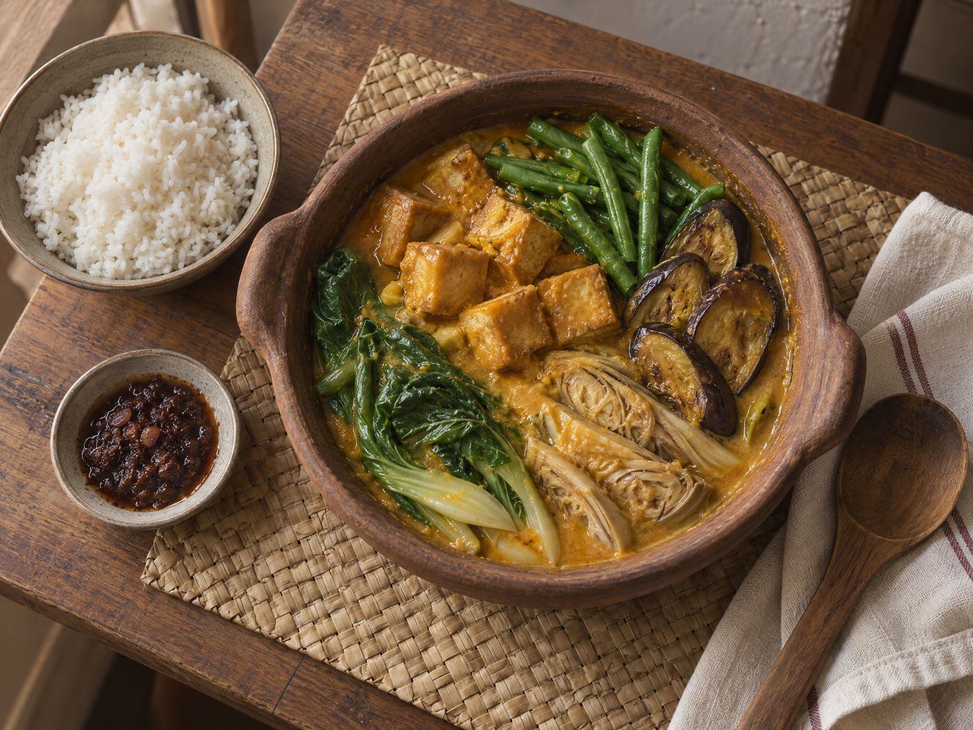 A clay pot of vegetarian kare-kare from above: a thick orange peanut sauce with fried tofu, eggplant, string beans, pechay and banana heart, a small dish of bagoong and a bowl of rice beside it on a woven mat.