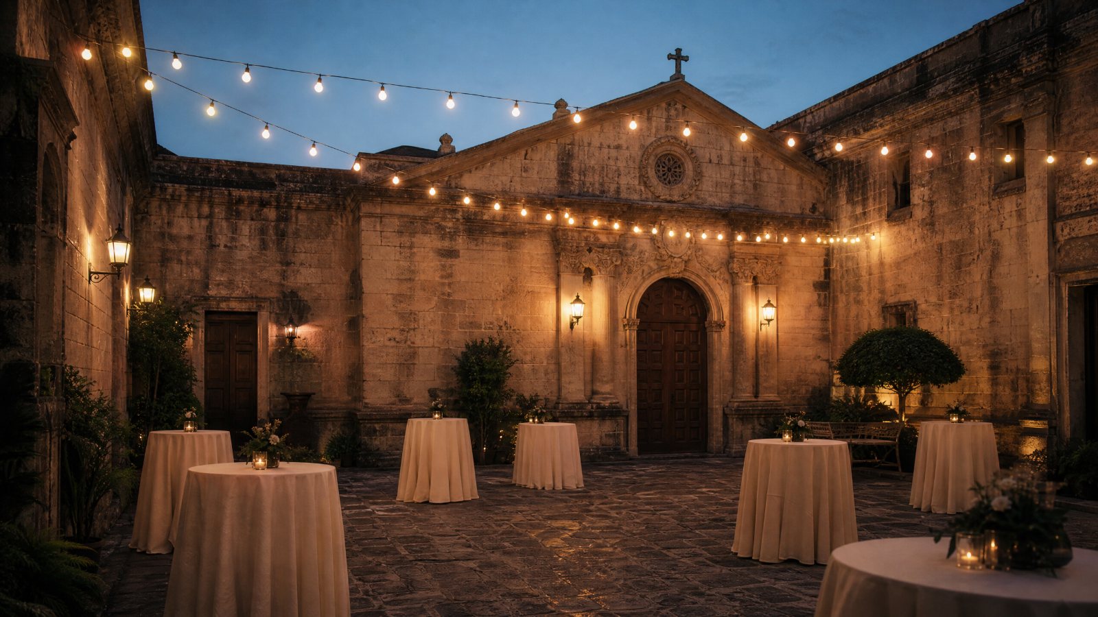 A stone courtyard set with tables and hanging lights for cocktails.
