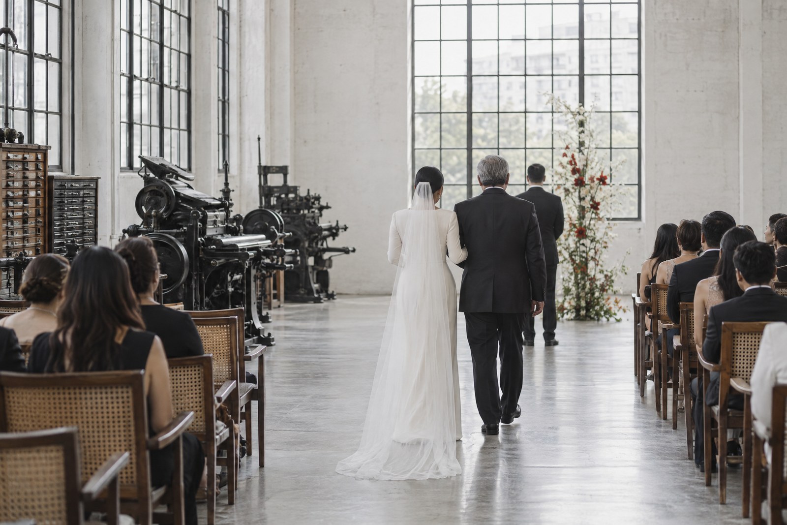Ysabel walking down the aisle of the press hall on her father’s arm, seen from far behind.